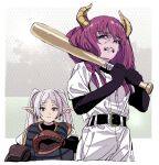  2girls aura_(sousou_no_frieren) baseball_bat baseball_mitt baseball_uniform black_gloves catcher_(baseball) chest_protector earrings elbow_gloves elf frieren gloves green_eyes grey_hair highres holding holding_baseball_bat horns jewelry multiple_girls nobita_(makoto7060355) pointy_ears purple_eyes purple_hair sousou_no_frieren sportswear twintails 