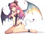  :o bare_shoulders barefoot between_legs breasts breasts_apart cuffs demon_tail demon_wings eyebrows eyebrows_visible_through_hair full_body hand_on_own_face horns long_hair looking_at_viewer medium_breasts miya_(tokumei) navel open_mouth original panties pink_hair purple_panties red_eyes shackles side-tie_panties simple_background sitting solo tail tattoo underwear wariza white_background wings 