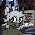 bleakymora chinatown facial_hair fur green_body green_fur grey_eyes hair inky long_hair male mammal mephitid new_york_city skunk solo