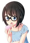  blue_eyes brown_hair collar collarbone copyright_request food frilled_collar frills glasses highres holding holding_food nekobaka open_mouth short_hair short_sleeves simple_background solo white_background 