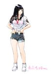  black_hair bra breasts brown_eyes carina_(xiaowoo) highres long_hair looking_at_viewer medium_breasts original red_bra shorts smile solo translated underwear watch wristwatch 