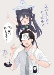 1boy 1girl :d ^_^ animal_ear_fluff animal_ears black_dress black_footwear black_hair blue_archive blush carrying closed_eyes collared_shirt commentary_request doodle_sensei_(blue_archive) dress grey_background grey_eyes grey_necktie halo kujou_danbo long_hair necktie outstretched_arm pelvic_curtain piggyback pointing sensei_(blue_archive) shirt shoes short_sleeves shun_(blue_archive) shun_(small)_(blue_archive) simple_background smile thighhighs translation_request twintails very_long_hair white_shirt white_thighhighs 
