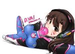  arm_above_head bangs bodysuit breasts brown_eyes brown_hair bubble_blowing character_name chewing_gum clothes_writing covered_navel d.va_(overwatch) facial_mark foreshortening headphones highres leg_up long_hair looking_at_viewer lying medium_breasts on_side overwatch perspective pilot_suit revision shirosaba simple_background smile solo swept_bangs twisted_torso twitter_username whisker_markings white_background 