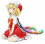  ascot between_legs blonde_hair collarbone fang fang_out flandre_scarlet hand_between_legs hat looking_at_viewer mob_cap no_shoes red_eyes red_skirt shadow short_hair short_sleeves side_ponytail simple_background sitting skirt skirt_set smile socks solo touhou tyouseki v_arms vest wariza white_background wings 