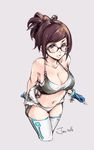  2016 artist_name bare_shoulders beads bikini black-framed_eyewear blue_gloves breasts brown_eyes brown_hair cleavage collarbone dated fingerless_gloves fur_trim glasses gloves hair_bun hair_ornament hair_stick large_breasts legs_together mei_(overwatch) navel open_mouth overwatch relaxjon simple_background solo swimsuit thighhighs 