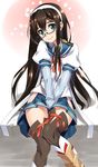  between_legs black_hair commentary glasses glasses_day hairband hand_between_legs hip_vent kantai_collection long_hair ooyodo_(kantai_collection) pleated_skirt school_uniform semi-rimless_eyewear serafuku shinozuka_atsuto skirt solo thighhighs under-rim_eyewear v_arms 