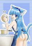  1girl :d animal_ears apron ass backboob bangs blue_background blue_eyes blue_hair blunt_bangs breasts hairband long_hair looking_at_viewer looking_back naked_apron nipple_slip nipples open_mouth rice rice_cooker sideboob simple_background solo tail 