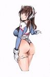  2016 adapted_costume alternate_breast_size artist_name ass bangs blue_leotard bodysuit bracer breasts brown_eyes brown_hair cowboy_shot d.va_(overwatch) dated facepaint facial_mark from_behind gloves headphones high_collar highleg highleg_leotard large_breasts legs_together leotard long_hair long_sleeves looking_at_viewer looking_back open_mouth overwatch parted_lips pauldrons pilot_suit pink_lips relaxjon ribbed_bodysuit shoulder_pads smile solo thong_leotard whisker_markings white_gloves 
