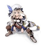  :o bare_shoulders belt beret between_breasts blonde_hair blue_eyes boots bow breasts brown_legwear collarbone commentary_request cucouroux_(granblue_fantasy) granblue_fantasy hair_between_eyes hair_bow hair_ribbon hat knee_boots long_hair long_sleeves looking_at_viewer lowres medium_breasts off_shoulder okuba ribbon simple_background skirt solo twintails white_background yankee 