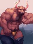  2016 5_fingers abs anthro biceps big_muscles body_hair bovine brown_fur bulge cattle chest_hair clothed clothing digital_media_(artwork) esonver front_view fur hi_res horn humanoid_hands looking_at_viewer male mammal muscular muscular_male navel nipples pants pants_pull pecs portrait pubes shush simple_background solo standing thong three-quarter_portrait topless 