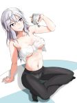  1girl arm_support aurora_e_juutilainen breasts canteen erect_nipples grey_hair groin indian_style kuni-kun medium_breasts navel panties panties_under_pantyhose pantyhose pouring_onto_self purple_eyes sitting solo topless underwear white_background white_panties world_witches_series 