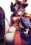  boots braid breasts cleavage_cutout fate/extra fate_(series) francis_drake_(fate) hat kyouya_(mukuro238) looking_to_the_side medium_breasts naughty_face pirate_costume pirate_hat purple_hair single_braid solo 