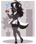 2024 4_fingers absurd_res anthro arm_tuft beverage black_body black_fur black_hair breasts clock clothing coffee coffee_cup computer container cup elbow_tuft electronics emanata eyebrows eyelashes female fingers footwear fur hair hi_res high_heels highlights_(coloring) holding_object inner_ear_fluff laptop looking_at_viewer mammal mephitid shirt shoes skunk solo topwear tuft watch white_highlights wireless_shiba wristwatch