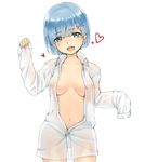  bangs blue_eyes blue_hair breasts cleavage commentary_request covered_nipples eyes_visible_through_hair hair_ornament hair_over_one_eye heart highres long_sleeves looking_at_viewer medium_breasts naked_shirt navel okitanation open_mouth re:zero_kara_hajimeru_isekai_seikatsu rem_(re:zero) see-through shirt short_hair simple_background sleeves_past_wrists solo unbuttoned white_background white_shirt x_hair_ornament 