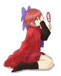  black_blouse blouse bow cape hair_bow long_sleeves miniskirt mirror red_cape red_eyes red_hair red_skirt sekibanki sitting skirt solo touhou tyouseki wariza 