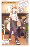 anthro blonde_hair blue_eyes canid canine canis clothing comic dialogue domestic_dog elie-s_den elie_(elie-s_den) female hair husky legwear linahusky male male/female mammal nordic_sled_dog office pink_hair spitz stockings