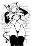  1girl boots bow brick_floor comic demon_girl demon_horns demon_tail demon_wings elbow_gloves eyebrows_visible_through_hair fang gentsuki gloves gluteal_fold greyscale groin hair_bow halterneck highres horns lily_(gentsuki) long_hair lying monochrome on_back original pointy_ears revealing_clothes sleeping solo speech_bubble succubus tail thick_eyebrows thigh_boots thighhighs two_side_up venus_symbol wings zzz 