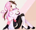  arm_support black_gloves boots breasts brown_eyes brown_hair character_name gloves head_tilt heterochromia leafy26 long_hair looking_back medium_breasts messy_hair neo_(rwby) pants pink_eyes pink_hair rwby sitting smile solo tight tight_pants 