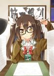  :t ahoge alternate_costume bangs bespectacled blush bow bowtie brown_hair cardigan closed_mouth collared_shirt commentary_request desk desk_lamp eyebrows eyebrows_visible_through_hair flat_chest frame frown glasses glasses_day hair_between_eyes hair_ribbon hand_up head_rest holding holding_pencil indoors kantai_collection lamp long_hair long_sleeves looking_at_viewer motion_lines night night_sky open_cardigan open_clothes paper_stack pencil red_bow red_neckwear ribbon scratching_head shirt sky sleeves_past_wrists solo squiggle tone_(kantai_collection) twintails umino_mokuzu_(shizumisou) unbuttoned upper_body wall white_ribbon white_shirt window yellow_eyes 
