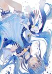  aqua_eyes aqua_hair blue bunny chromatic_aberration detached_sleeves dress garters hair_ornament hairclip hatsune_miku highres long_hair mimengfeixue one_eye_closed open_mouth scarf snowflakes star star_night_snow_(vocaloid) twintails upside-down very_long_hair vocaloid white_background yuki_miku yukine_(vocaloid) 