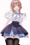  1girl black_thighhighs blue_overskirt blue_ribbon blue_skirt breasts brown_hair commentary_request fingernails gakuen_idolmaster hair_bun hatsuboshi_gakuen_school_uniform highres himesaki_rinami idolmaster long_hair looking_at_viewer medium_breasts neck_ribbon purple_eyes ribbon school_uniform shirt shirt_tucked_in short_sleeves simple_background single_side_bun skindentation skirt solo thighhighs twitter_username very_long_hair white_background white_shirt yuuyu_(moco20111115) zettai_ryouiki 