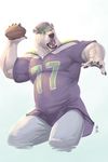  2016 5_fingers anthro ball baseball_cap bear black_nose brown_eyes claws clothed clothing football_(ball) fur hat hi_res jersey male mammal muscular open_mouth pawpads polar_bear rrowdybeast simple_background solo teeth tongue white_background white_fur 