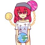 bare_shoulders collarbone commentary_request hecatia_lapislazuli kakinoki_mikan_(kari) leaning_forward legs_apart naked_shirt off-shoulder_shirt polos_crown red_eyes red_hair shirt smile solo t-shirt touhou translation_request 