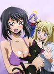  anna_clement bare_shoulders black_hair blonde_hair breasts cat cleavage clenched_hands code_geass code_geass:_boukoku_no_akito collarbone covering_mouth green_eyes hair_ornament hand_over_own_mouth highres kousaka_ayano leila_(code_geass) long_hair medium_breasts multiple_girls one_eye_closed open_mouth pink_eyes purple_background purple_eyes purple_hair purple_shirt shiny shiny_skin shirt short_hair sideboob simple_background uniform white_shirt 
