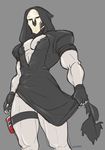  abs adapted_costume black_dress black_gloves claws crossdressing dress face_mask gloves grey_background hood kathleen_lim limited_palette male_focus mask muscle overwatch pectorals reaper_(overwatch) skull_mask solo thighs 