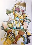  ahn_dongshik blue_eyes brush chrono_trigger commentary_request full_body glasses hat helmet highres lucca_ashtear purple_hair robo robot scrubber short_hair sketch smile 