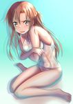  asuna_(sao) barefoot brown_eyes brown_hair embarrassed highres long_hair one-piece_swimsuit school_swimsuit see-through sitting solo swimsuit sword_art_online wariza white_school_swimsuit white_swimsuit zakuro0508 
