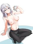  1girl areolae arm_support aurora_e_juutilainen breasts canteen grey_hair groin indian_style kuni-kun medium_breasts navel nipples panties panties_under_pantyhose pantyhose pouring_onto_self purple_eyes sitting solo topless underwear white_background white_panties world_witches_series 