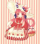  anthro barefoot blueberry_(fruit) clothing dress feline food fruit hat kishibe mammal pattern_background red_theme simple_background solo strawberry striped_background 