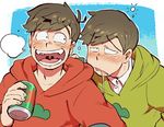  beer_can blush brothers brown_hair can drunk hood hoodie laughing looking_at_another male_focus matsuno_choromatsu matsuno_osomatsu multiple_boys osomatsu-kun osomatsu-san sanjiro_(tenshin_anman) siblings upper_body vomit 