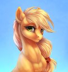  2016 applejack_(mlp) blonde_hair bust_portrait earth_pony equine female feral freckles friendship_is_magic green_eyes hair horse kerydarling looking_at_viewer mammal my_little_pony pony portrait simple_background smile solo 