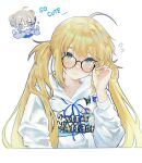  2girls adjusting_eyewear ahoge artoria_caster_(fate) artoria_pendragon_(fate) blonde_hair blue_ribbon blush bug butterfly chibi commentary_request cropped_torso double_bun double_v extra_attack_shirt fate/grand_order fate_(series) glasses gradient_hair hair_bun highres hood hood_down hoodie long_hair long_sleeves looking_at_viewer multicolored_hair multiple_girls mysterious_heroine_xx_alter_(fate) neck_ribbon nigiri ribbon round_eyewear semi-rimless_eyewear simple_background twintails v very_long_hair white_background white_hoodie 