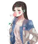  animal_print bad_id bad_pixiv_id brown_eyes brown_hair bubble_blowing bunny_print buttons chewing_gum collarbone d.va_(overwatch) earphones eyelashes facepaint facial_mark hands_in_pockets highres jacket jika-sen open_clothes open_jacket overwatch simple_background single_earphone_removed solo undershirt upper_body whisker_markings white_background 