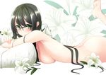  ass barefoot black_hair blush breasts copyright_request floral_background flower glasses green_eyes lily_(flower) long_hair looking_at_viewer looking_to_the_side lying medium_breasts nekobaka nude on_stomach pillow semi-rimless_eyewear solo very_long_hair 