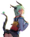  &gt;_&lt; :d ass backpack bag bahamut_dianwan_zixun_zhan bangs bent_over black_skirt blush breasts closed_eyes cowboy_shot dark_skin dragon_girl dragon_horns dragon_tail from_behind green_hair hair_over_shoulder hair_tie horn_ornament horns leaning_forward long_hair long_sleeves looking_at_viewer looking_back low_twintails md5_mismatch medium_breasts minigirl miniskirt multiple_girls nikuku_(kazedesune) no_panties off-shoulder_sweater open_mouth orange_eyes original round_teeth simple_background skirt sleeves_past_wrists smile star sweater tail teeth twintails upskirt white_background zipper 