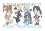  2boys 2girls aerith_gainsborough bare_shoulders blonde_hair blue_eyes brown_eyes brown_hair cape chibi chibi_only cloud_strife commentary_request cosplay detached_sleeves earrings edgar_roni_figaro edgar_roni_figaro_(cosplay) english_text final_fantasy final_fantasy_vi final_fantasy_vii final_fantasy_vii_ever_crisis gloves grey_hair in-franchise_crossover jewelry locke_cole locke_cole_(cosplay) long_bangs long_hair multiple_boys multiple_girls no_mouth pantyhose parody parted_bangs ponytail ribbon sabin_rene_figaro sabin_rene_figaro_(cosplay) sakurai_itachi sephiroth sephiroth_(ever_crisis) short_hair style_parody terra_branford terra_branford_(cosplay) tifa_lockhart 
