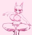  animal_ears bare_shoulders breasts cameltoe cat_ears covered_nipples highres large_breasts looking_at_viewer monochrome noise parted_lips pink short_hair solo squatting thighs tiptoes 