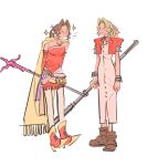  2girls aerith_gainsborough aerith_gainsborough_(cosplay) arms_behind_back bangle blonde_hair boots bracelet breasts brown_footwear brown_hair cape choker closed_eyes cosplay costume_switch cropped_jacket dress final_fantasy final_fantasy_vi final_fantasy_vii final_fantasy_vii_ever_crisis full_body gold_trim hair_ribbon highres holding holding_staff jewelry looking_at_another medium_breasts mmmckayyy multiple_girls open_mouth parted_bangs pink_dress pink_ribbon ponytail puffy_short_sleeves puffy_sleeves red_dress red_footwear ribbon ribbon_choker sash short_sleeves sidelocks smile sparkle staff strapless strapless_dress terra_branford terra_branford_(cosplay) tube_dress waist_sash wavy_hair white_background yellow_cape 