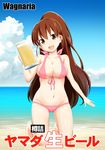  alcohol beach beer beer_mug bikini breasts brown_eyes brown_hair cleavage cloud covered_nipples cup day holding holding_cup kneeling long_hair lowleg lowleg_bikini medium_breasts ocean open_mouth pink_bikini ponytail solo suzushiro_nazuna swimsuit taneshima_popura working!! 