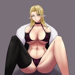  abs arm_support blonde_hair blue_eyes breasts cameltoe choker collarbone earrings elf grey_background highres hoop_earrings jewelry large_breasts mole mole_under_eye navel nofuture original pointy_ears shadow shawl simple_background single_thighhigh sitting solo spread_legs thighhighs 