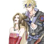  1boy 1girl aerith_gainsborough_(terra&#039;s_garb) aqua_eyes black_gloves black_jacket blonde_hair breasts brown_hair cape cloud_strife_(locke&#039;s_outfit) cosplay dagger detached_sleeves dress earrings final_fantasy final_fantasy_vi final_fantasy_vii final_fantasy_vii_ever_crisis gloves green_eyes hand_in_another&#039;s_hair headband jacket jewelry knife locke_cole locke_cole_(cosplay) long_hair medium_breasts necklace official_alternate_costume open_mouth ponytail print_shirt red_dress shirt short_hair smile spiked_hair strapless strapless_dress sweatdrop terra_branford terra_branford_(cosplay) tube_dress upper_body weapon ws_alte yellow_cape 