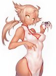  blonde_hair breasts china_dress chinese_clothes cleavage cleavage_cutout controller covered_navel dark_skin dress fumio_(rsqkr) game_controller gamepad hips long_hair looking_at_viewer medium_breasts nchallenge nchans nyachan simple_background smile solo white_background yellow_eyes 