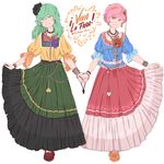  2girls blue_shirt bracelet commentary earrings floral_print green_eyes green_hair green_skirt hair_between_eyes hairband head_tilt heart highres holding_hands jewelry komeiji_koishi komeiji_satori long_hair long_skirt looking_at_viewer mefomefo mexican_dress mexico multiple_girls necklace pink_eyes pink_hair pink_skirt sash shirt short_hair short_sleeves simple_background skirt smile third_eye touhou yellow_shirt 