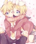  1boy 1girl aoi_choko_(aoichoco) blonde_hair blue_eyes bow brother_and_sister cheek-to-cheek commentary hair_bow hair_ornament hairclip heart heart-shaped_pupils heart_background holding_arm jacket kagamine_len kagamine_rin kneeling leg_warmers necktie one_eye_closed scarf shared_scarf short_hair shorts siblings sitting symbol-shaped_pupils twins vocaloid 