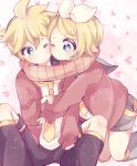  1boy 1girl aoi_choko_(aoichoco) bad_id bad_twitter_id blonde_hair blue_eyes bow cheek-to-cheek commentary hair_bow hair_ornament hairclip heads_together heart heart-shaped_pupils heart_background holding_own_arm jacket kagamine_len kagamine_rin kneeling leg_warmers necktie one_eye_closed scarf shared_clothes shared_scarf short_hair shorts sitting symbol-shaped_pupils vocaloid 