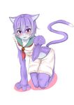  :3 absurdres animal_ears bell blush cait_sith_(monster_girl_encyclopedia) cat_ears cat_tail fang furry fusion highres jingle_bell kantai_collection kneeling looking_at_viewer monster_girl monster_girl_encyclopedia monsterification paundo2 paw_pose paws purple_hair red_eyes school_uniform serafuku short_hair shorts smile solo tail tama_(kantai_collection) 